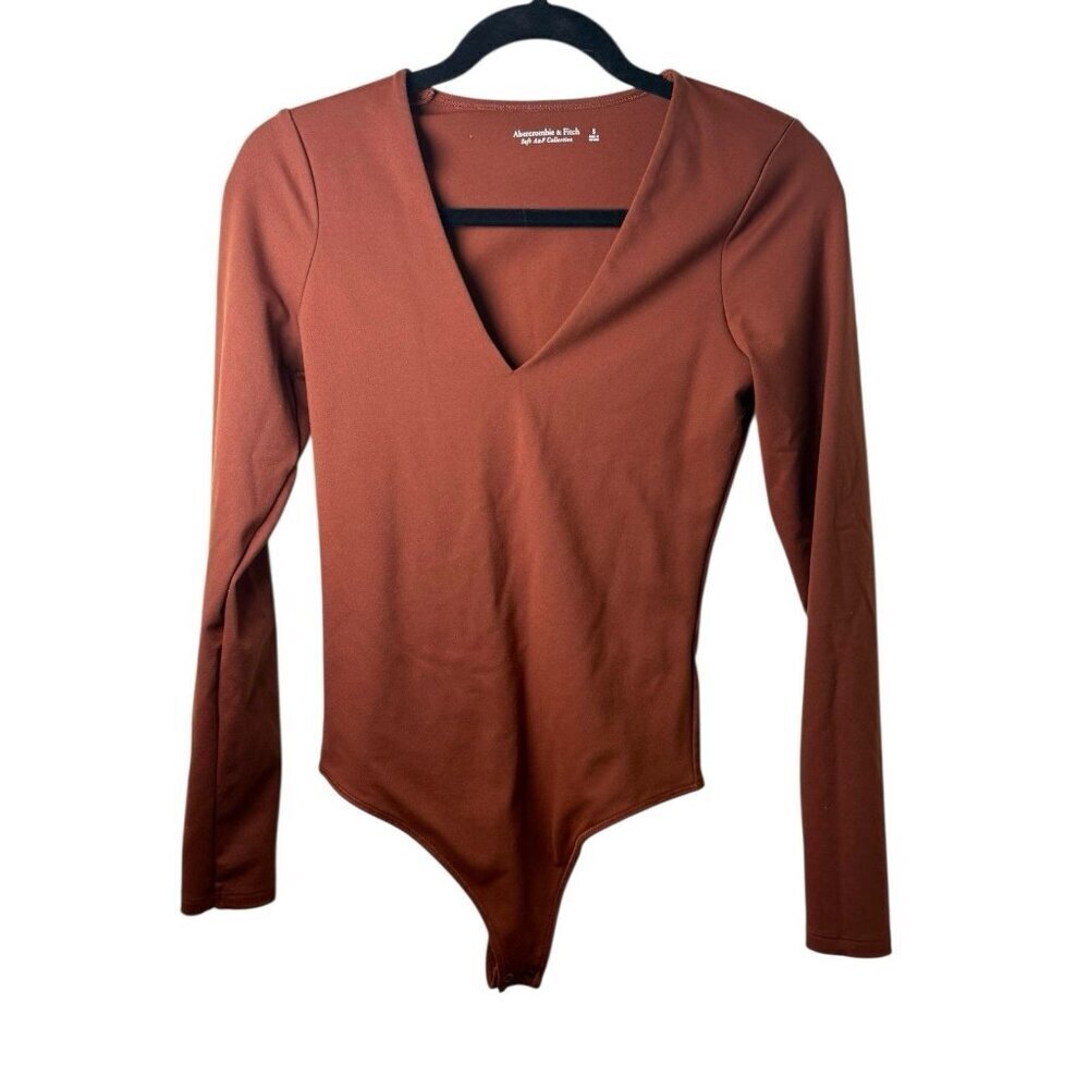 Abercrombie & Fitch Soft Collection Brown Long Sleeve V Neck Thong Bodysuit Sz S